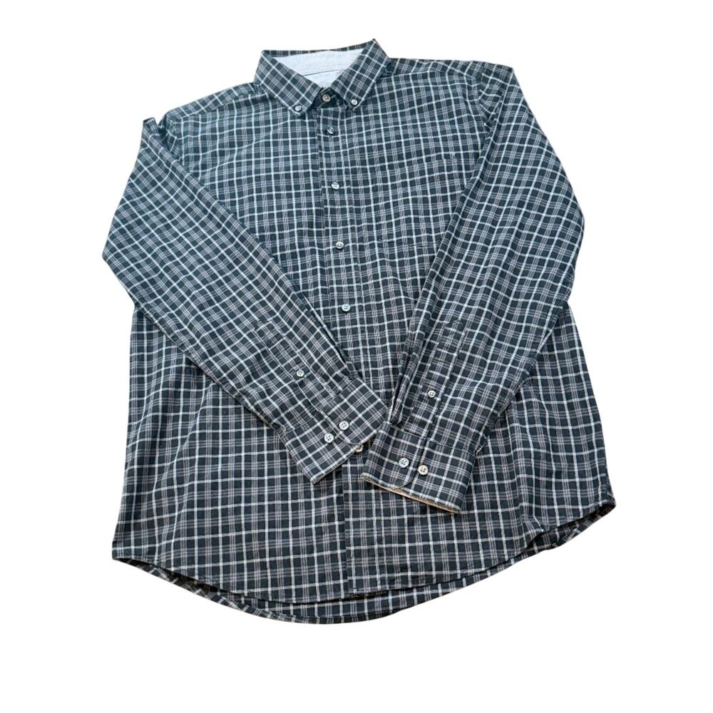 George Classic Fit Men's Plaid Button Down Shirt Gray Black Long Sleeve Size M